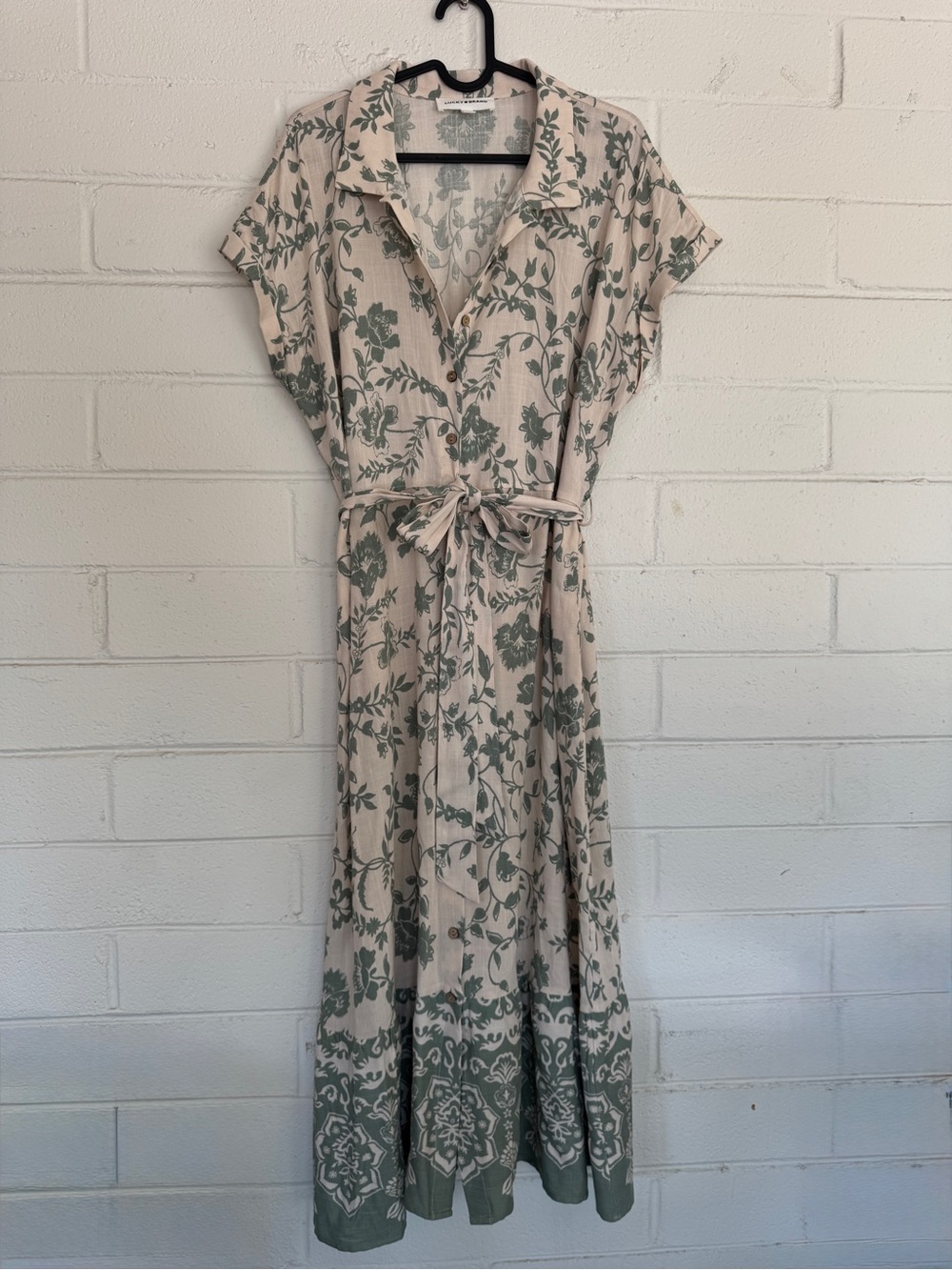 Lucky Brand Relaxed Beige Sage Floral Shirt Dress Midi Button Front Belted L - Picture 2 of 10
